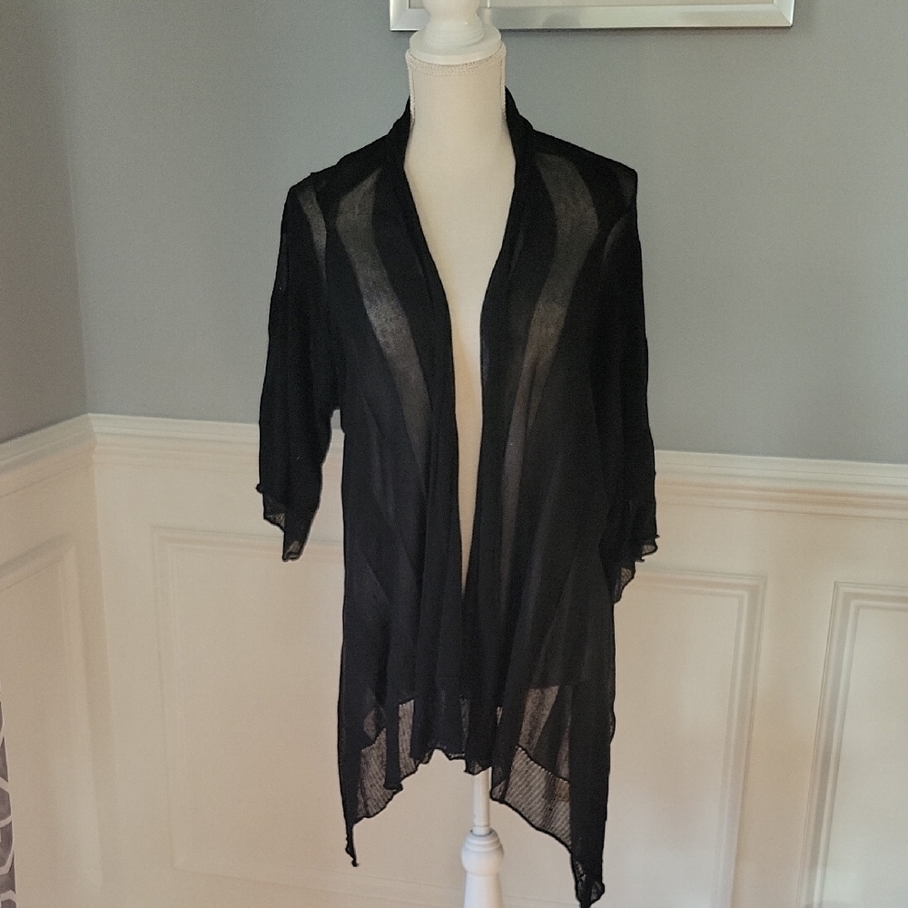 White + Warren Women's Black Sheer Open Front Hi-low Cardigan Size M/L